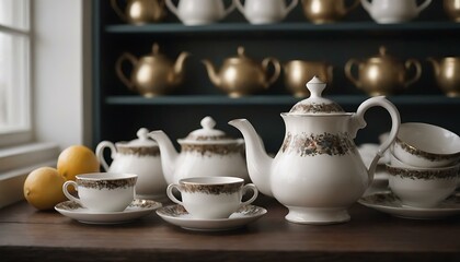 A charming, porcelain tea set arranged on an open shelf