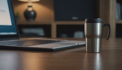 A shiny, metal travel mug on a home office desk