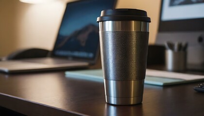 Fototapeta na wymiar A shiny, metal travel mug on a home office desk
