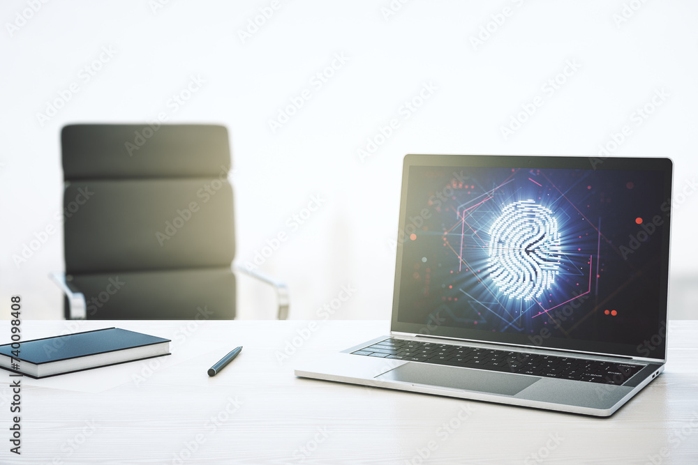 Poster Modern computer screen with creative fingerprint hologram, personal biometric data concept. 3D Rendering