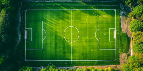 soccer green field with white lines, top view