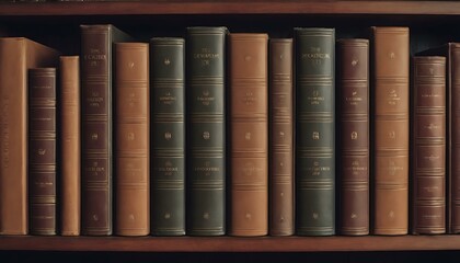 A set of heavy, leather-bound encyclopedias on a bookshelf