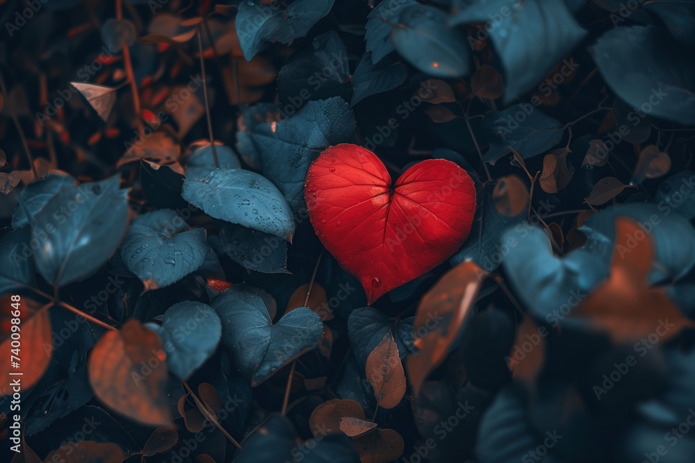 Poster red heart in leaves. love is everywhere. a slide background for showcasing love. background image. c