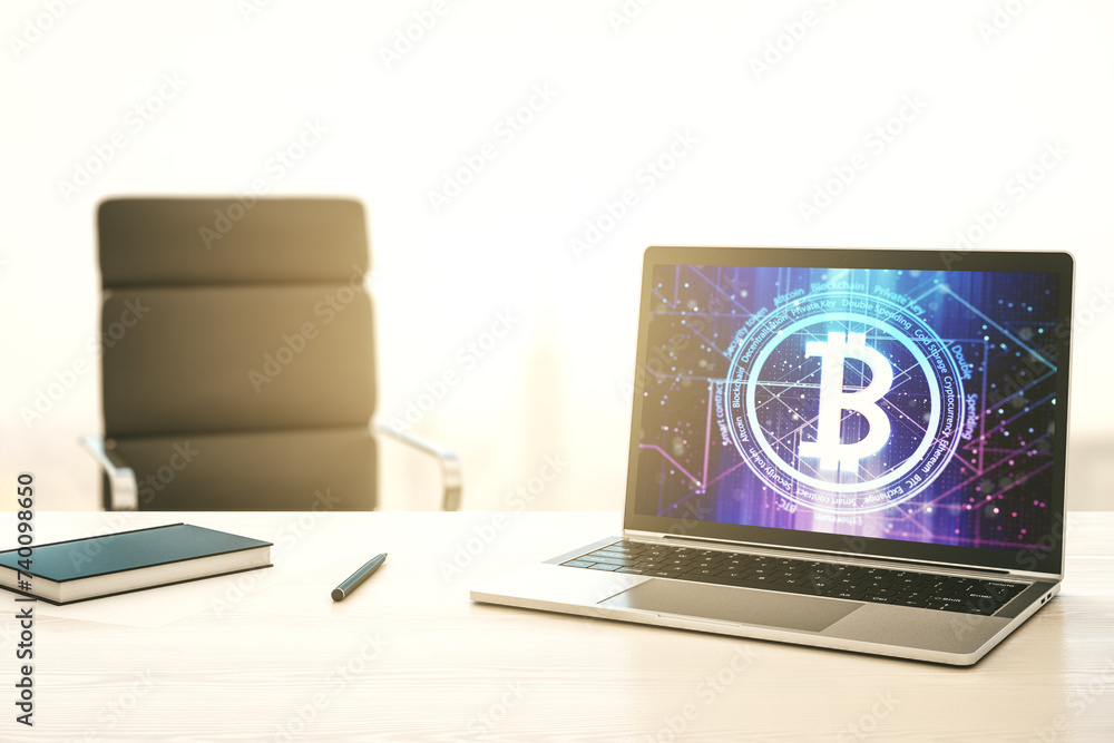Aufkleber Modern computer monitor with creative Bitcoin symbol. Cryptocurrency concept. 3D Rendering