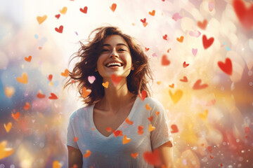 A delighted woman smiles under a shower of heart-shaped confetti