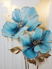 A painting of vibrant blue flowers displayed against a clean white wall, adding a pop of color and nature to the room decor.