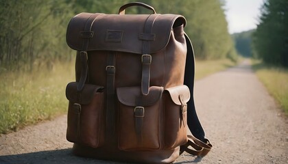 A sturdy, leather hiking backpack by the front door