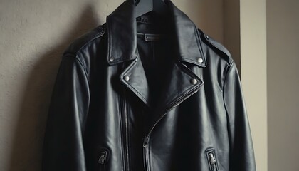 A sleek, black leather motorcycle jacket hanging on a coat stand