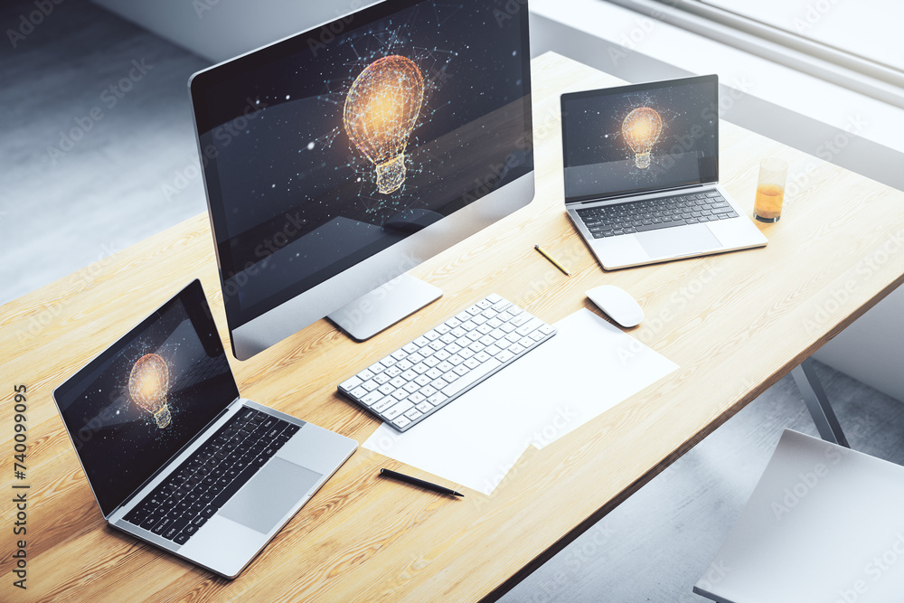 Poster creative light bulb hologram on modern laptop monitor, idea concept. 3d rendering