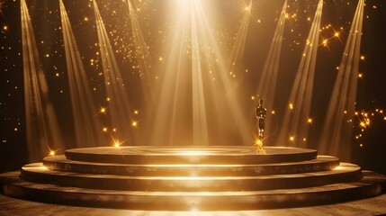 Podium with golden light lamps background. Golden light award stage with rays and sparks
