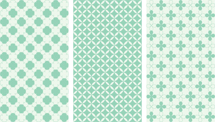 Set of geometric vertical patterns. Green flowers and diamonds background. Abstract floral simple shapes pattern for wrapping, greeting cards, posters, banners and social media