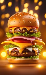 Realistic hamburger photo under bokeh lights studio atmosphere. Ai generated image. - 740099207