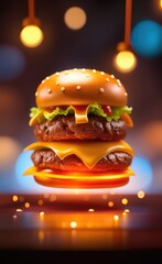 Realistic hamburger photo under bokeh lights studio atmosphere. Ai generated image. - 740099237