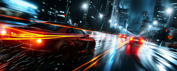 wallpaper for speed cars in the city, at night, with lights - obrazy, fototapety, plakaty