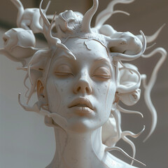 Rzeźba, głowa kobiety z kwiatami