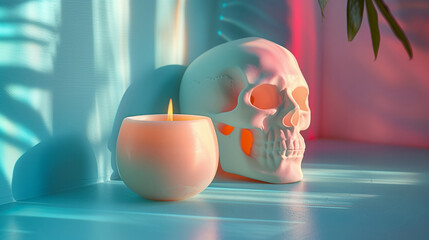 Ceramic human skulll next to burning candle against blue wall, modern funeral ritual and minimalist funeral home concept