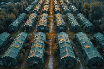 Aerial view of a military base with rows of neatly arranged barracks and facilities - obrazy, fototapety, plakaty