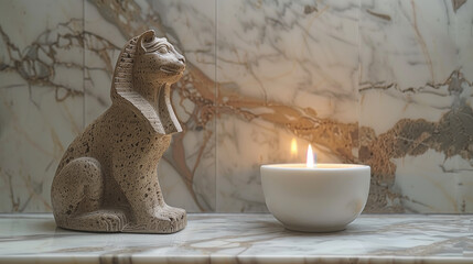 Sphinx statue and candle against marble wall, Egyptian style wellness and ritual concept