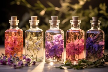 Obraz na płótnie Canvas Aromatherapy oils bottles and vials surrounded by flowers emanating relaxation