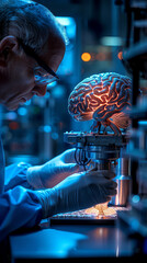 Artificial brain inspected by scientist who examines its neural network, neuroscience technology in a laboratory