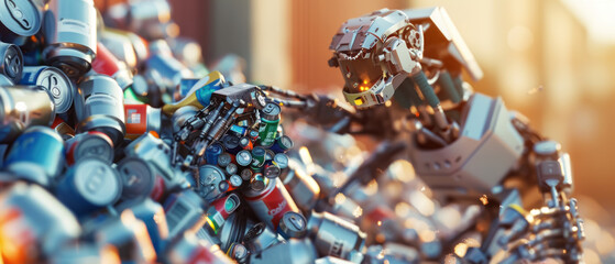 Fototapeta premium Recycling Robot Crushing Aluminum Cans into Cubes