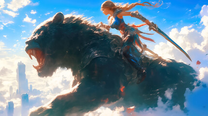 Kobieta wojowniczka na wielkiej czarnej bestii