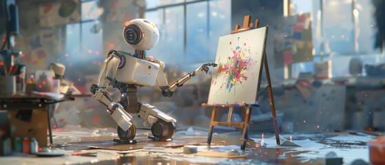 Painting Robot and Frustrated Human Artist - obrazy, fototapety, plakaty