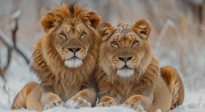 pair of lions in the snow footage