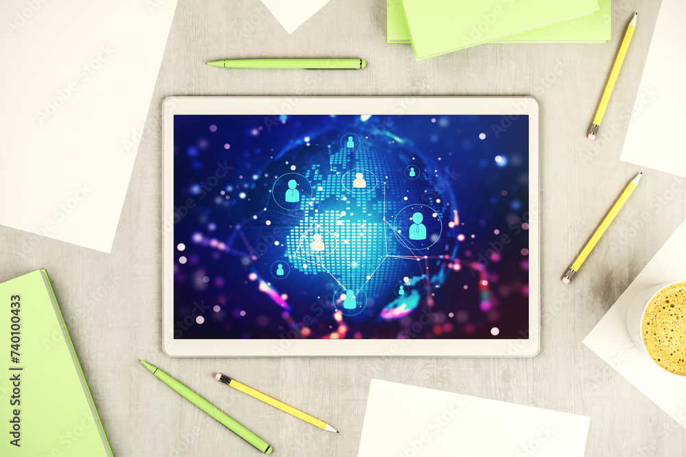 Aufkleber social network media concept with world map on modern digital tablet display. top view. 3d rendering