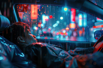 Self-Driving Rideshare Vehicle in Rain - obrazy, fototapety, plakaty