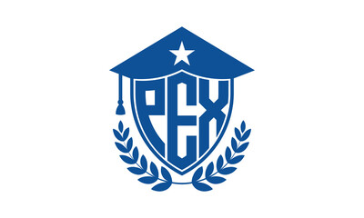 PEX three letter iconic academic logo design vector template. monogram, abstract, school, college, university, graduation cap symbol logo, shield, model, institute, educational, coaching canter, tech