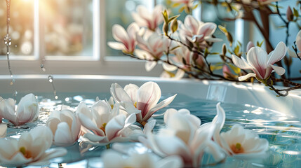 Bathtub filled with water with magnolia flowers. Spa treatments with a relaxing bath. Relaxation...