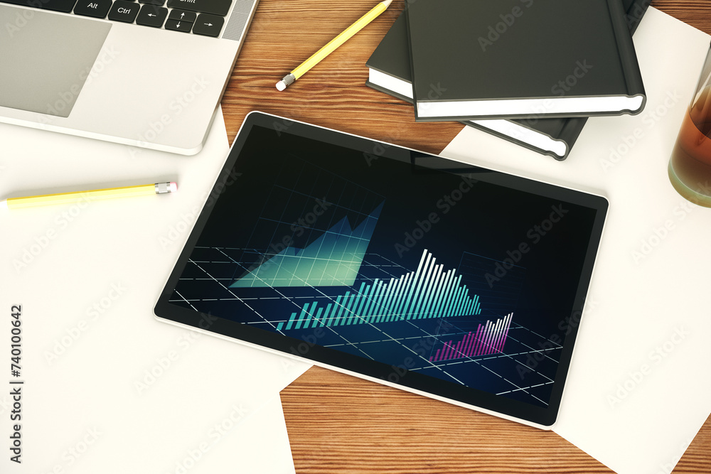 Poster modern digital tablet monitor with abstract creative financial chart, research and analytics concept