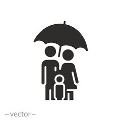 safety parents with child icon, family insurance, people under an umbrella, flat symbol - vector illustration