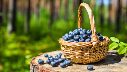 Fototapeta na wymiar Basket of blueberries in sunny forest background with copy space