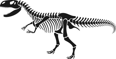 Fototapeta na wymiar Isolated dinosaur skeleton fossil or Jurassic dino bones, vector imprint. Dinosaur archeology fossil skeleton of extinct reptile lizard, T-rex Tyrannosaurus or Velociraptor dino bones silhouette