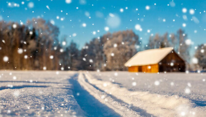 Blurred background of snowy farm, snowfall, wooden house in the distance