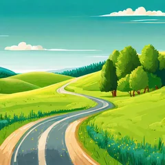 Foto op Canvas Country road through a green landscape with meadows and forests © Preston