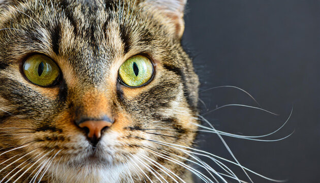 Close-up part of a tabby cat's face and whiskers against a black background