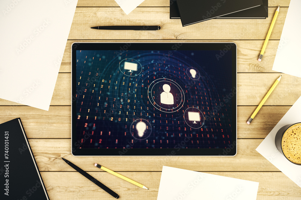 Poster social network concept on modern digital tablet screen. top view. 3d rendering