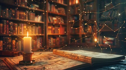 Old Library with Star Charts and Lone Candle, Digital Artwork