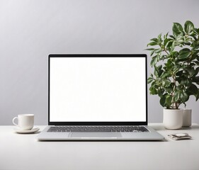 Laptop computer with blank screen on white desktop with coffee cup and plant.