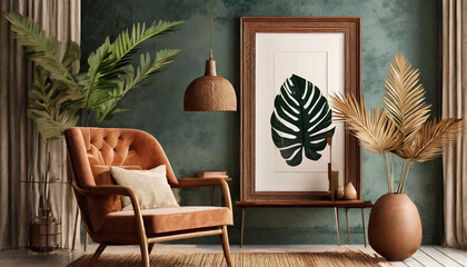 Minimalist composition of living room with brown mock up picture frame, plant, retro armchair, dried tropical leaf, decoration and elegant personal accessories in stylish home decor. Template