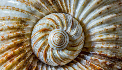 Scallop spiral seashell with pearl surface. Cockleshell and mollusk abstract background - obrazy, fototapety, plakaty