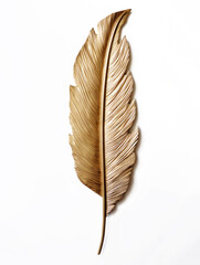 A single golden feather placed on a plain white background, showcasing its intricate details and shimmering texture.