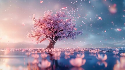 Single Cherry Blossom Tree in Bloom Under Starry Sky, Fantasy Scenery