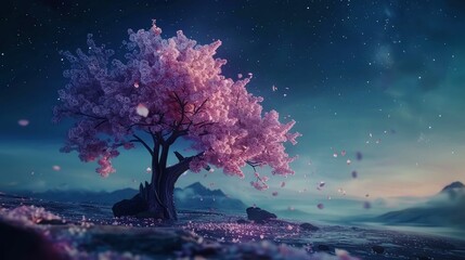 Single Cherry Blossom Tree in Bloom Under Starry Sky, Fantasy Scenery - obrazy, fototapety, plakaty