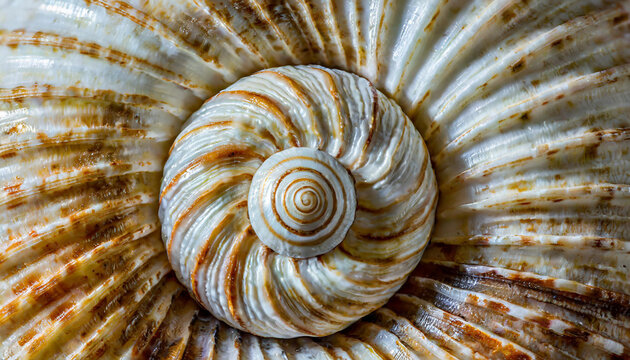 Scallop spiral seashell with pearl surface. Cockleshell and mollusk abstract background