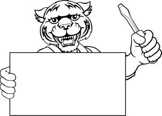 A tiger electrician handyman or other construction cartoon mascot man holding a screwdriver tool.