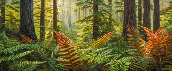 A fern field in a deep forest with dense trees. Bracken illustration. - obrazy, fototapety, plakaty